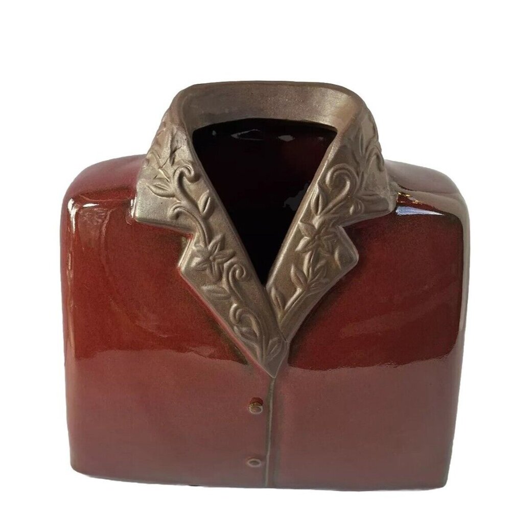 •HBH• Hawaiian Style Glossy Dark Red Shirt Jacket Rough Brown CollarCeramic VASE